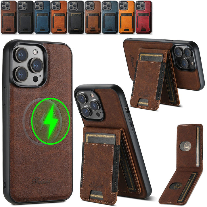 Eleganckie skórzane etui na iPhone z praktycznym uchwytem na karty, zapewniające stylowy wygląd.