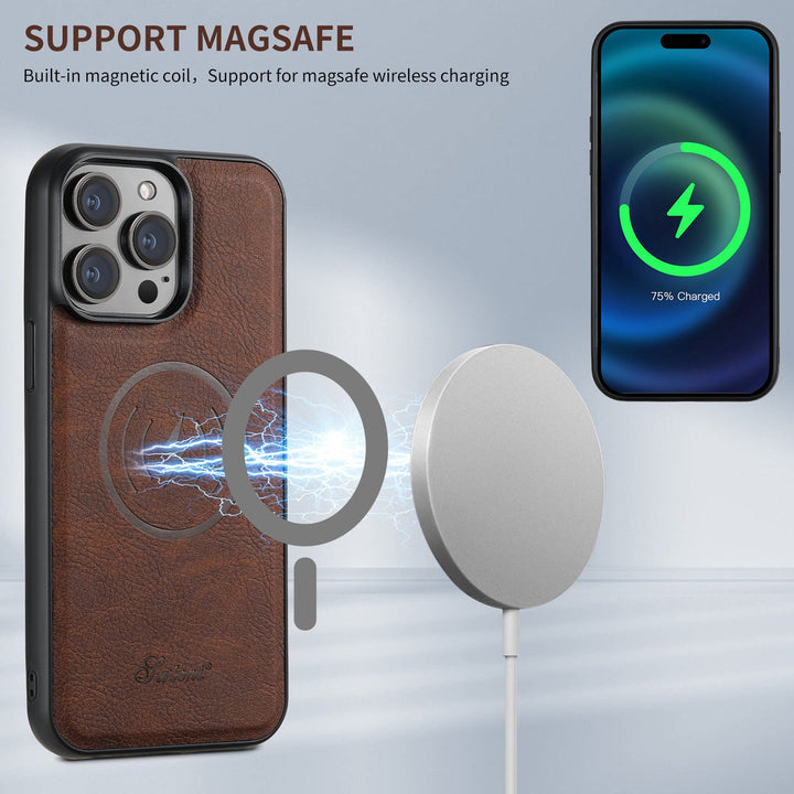 Detal luksusowej skóry etui na iPhone z widocznym uchwytem na karty i logo MagSafe.