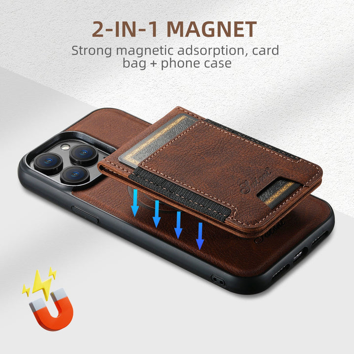 iPhone w eleganckim skórzanym etui z łatwo dostępnym uchwytem na karty, idealne do codziennego użytku.