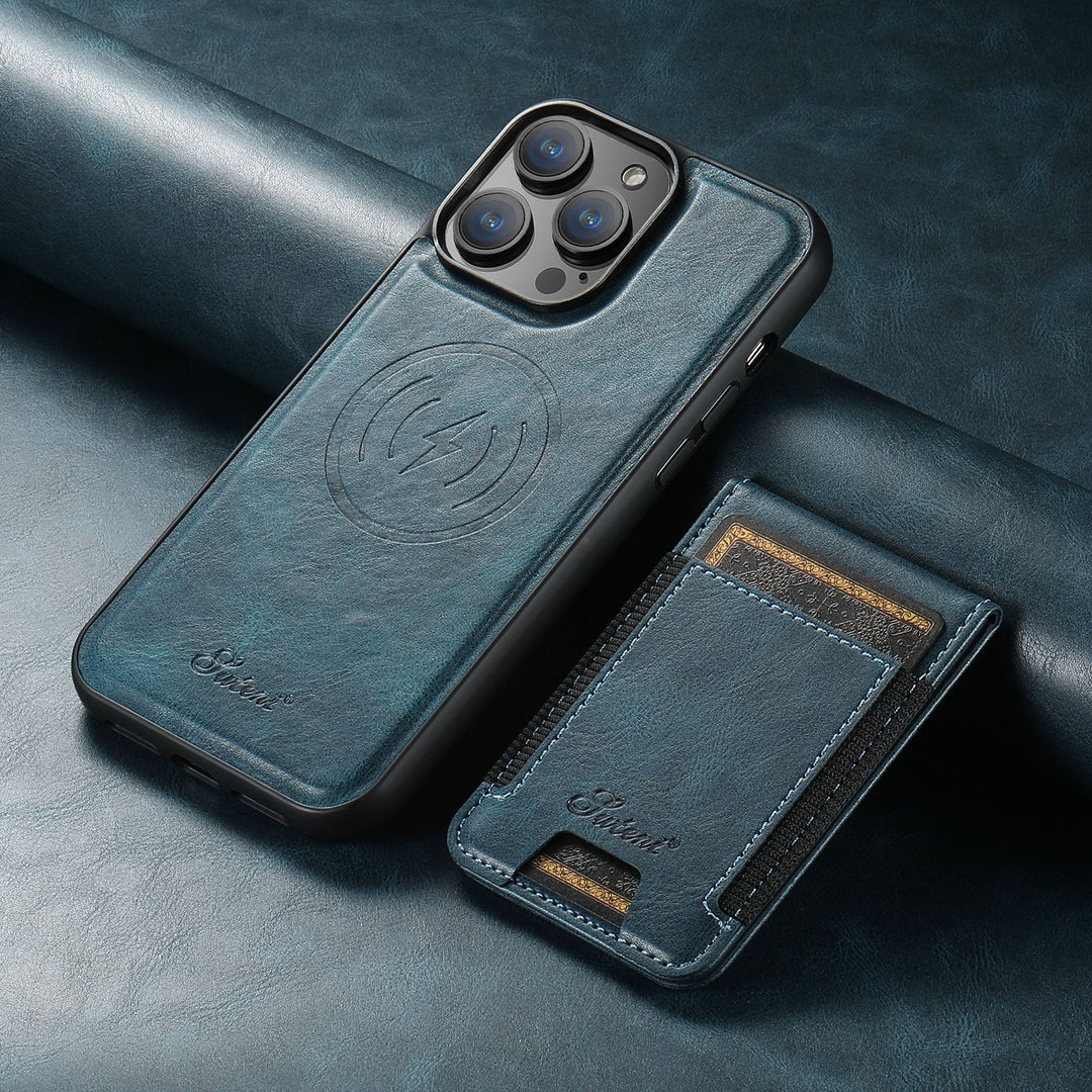 Skórzane etui iPhone z wbudowanym MagSafe i uchwytem na karty, dla wygodnego bezprzewodowego ładowania.