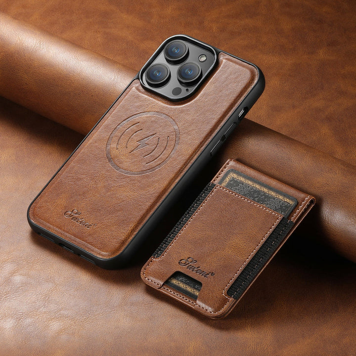 Nowoczesne skórzane etui na iPhone, eleganckie i funkcjonalne, z uchwytem na karty i wsparciem MagSafe.