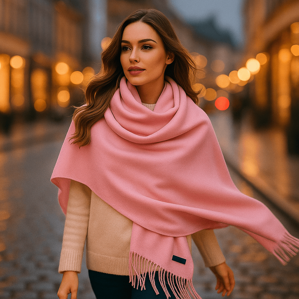 Detale wykończenia: frędzle na eleganckim szaliku damskim