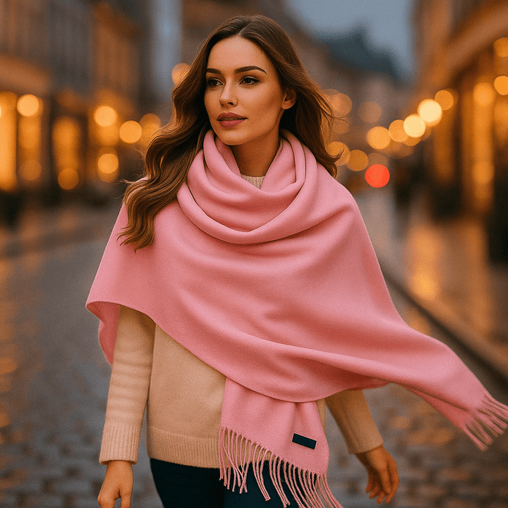 Detale wykończenia: frędzle na eleganckim szaliku damskim