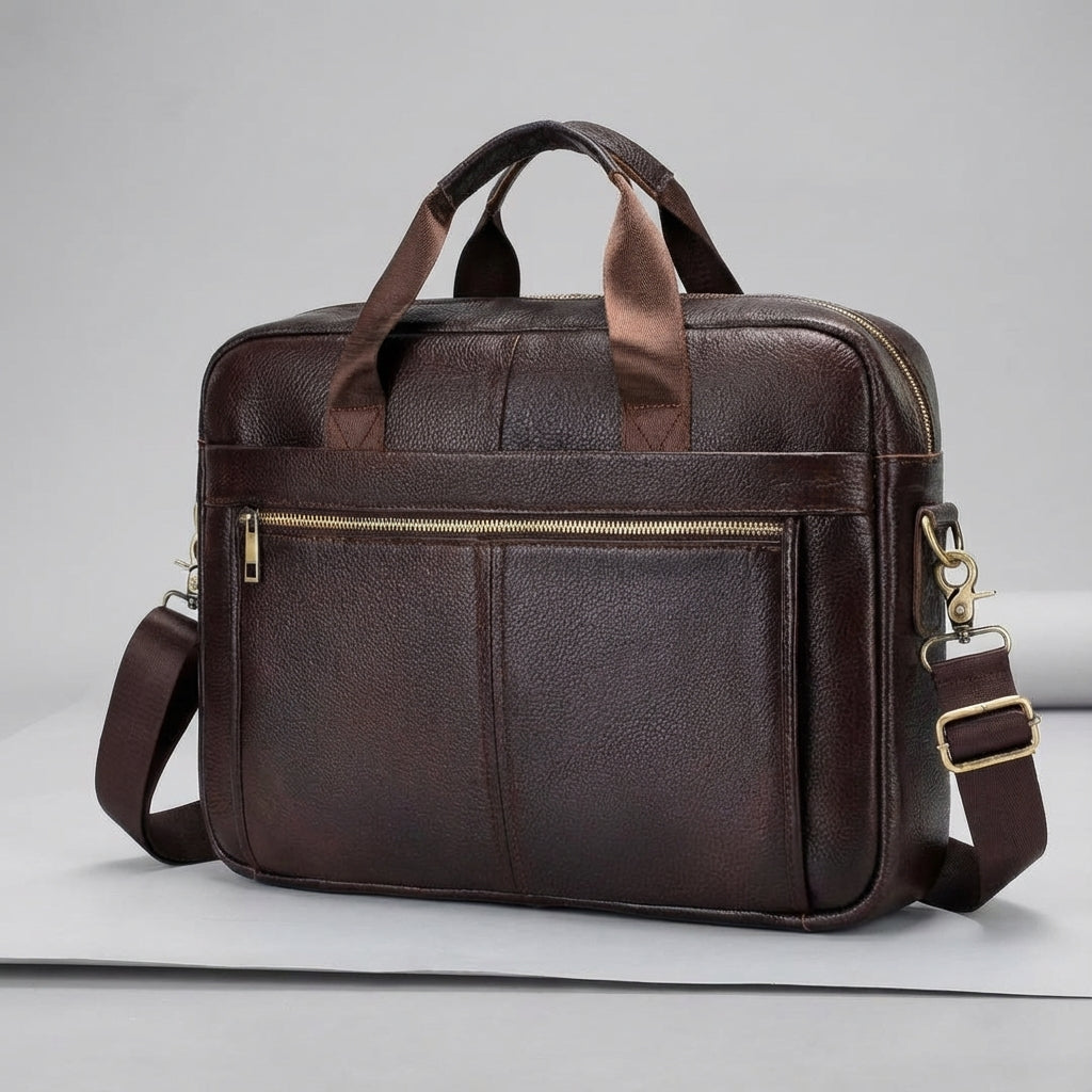 Brązowa aktówka męska ze skóry, styl vintage. Duża torba na laptopa, idealna do pracy i biznesu.