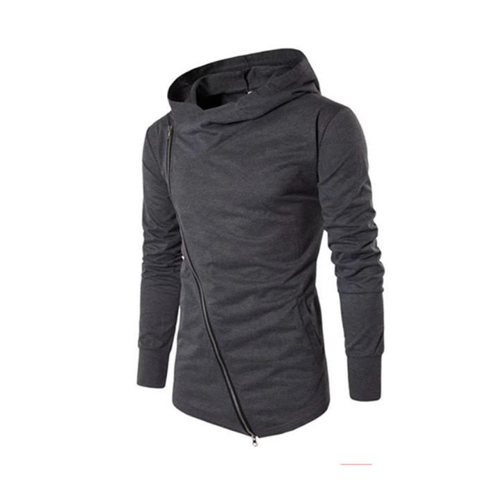 Męska bluza rozpinana z kapturem i asymetrycznym zamkiem, idealna do casualowych stylizacji, komfortowa.