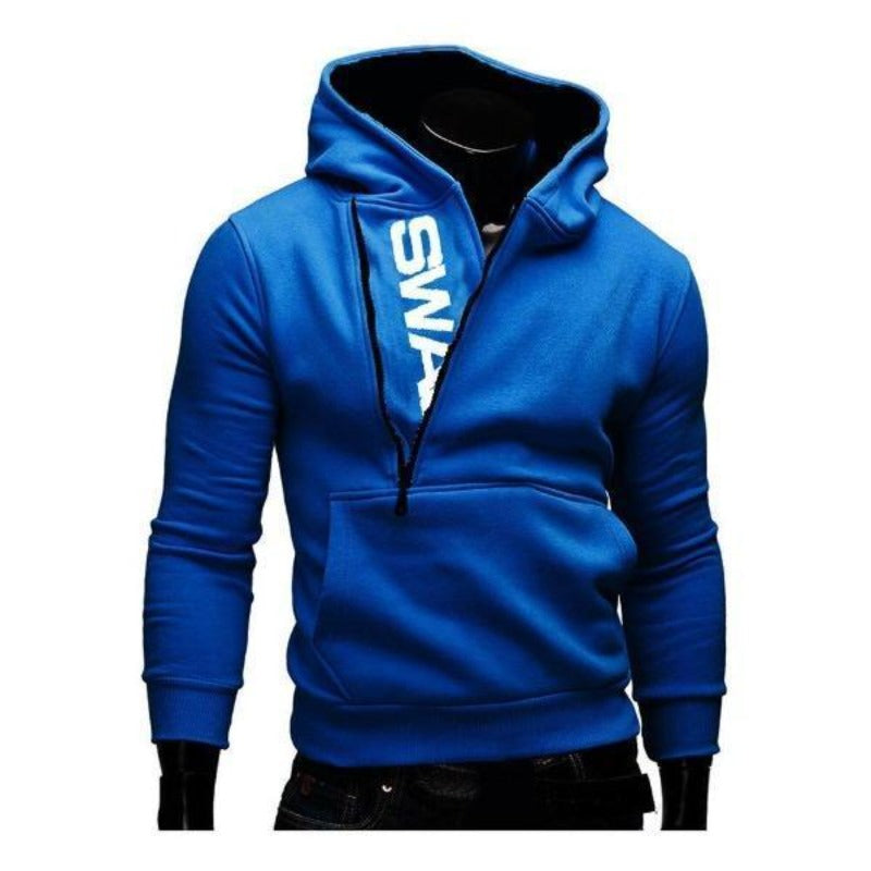 Męska bluza rozpinana z kapturem i ozdobnym napisem, streetwear, na co dzień. Komfortowa i modna odzież.