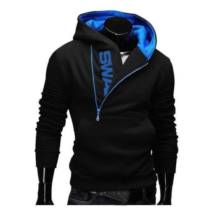 Modna męska bluza rozpinana z kapturem, ozdobnym napisem. Casual, komfortowa odzież streetwear na co dzień.