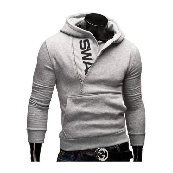 Męska rozpinana bluza z kapturem i ozdobnym napisem. Komfortowa odzież męska streetwear na co dzień.
