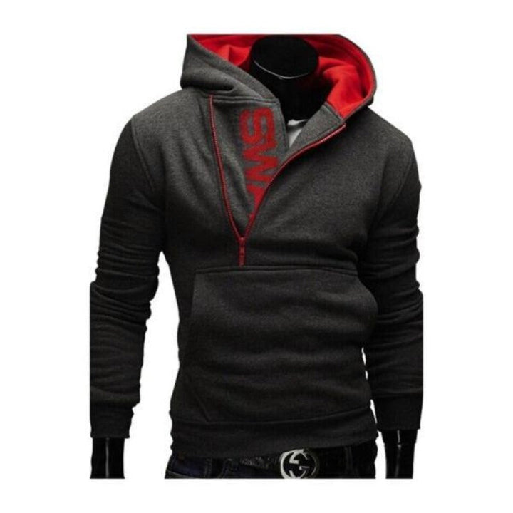 Męska bluza rozpinana z kapturem, ozdobnym napisem. Komfortowa odzież casual i streetwear na co dzień.