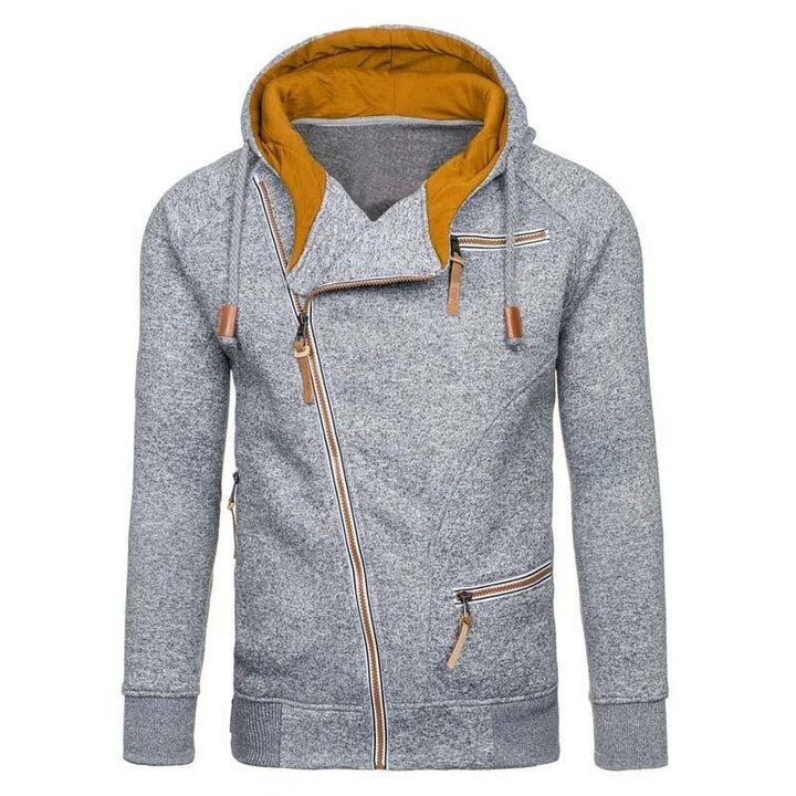 Oryginalna męska bluza z asymetrycznym zamkiem, rozpinana z kapturem. Nowoczesna moda męska, styl casual.