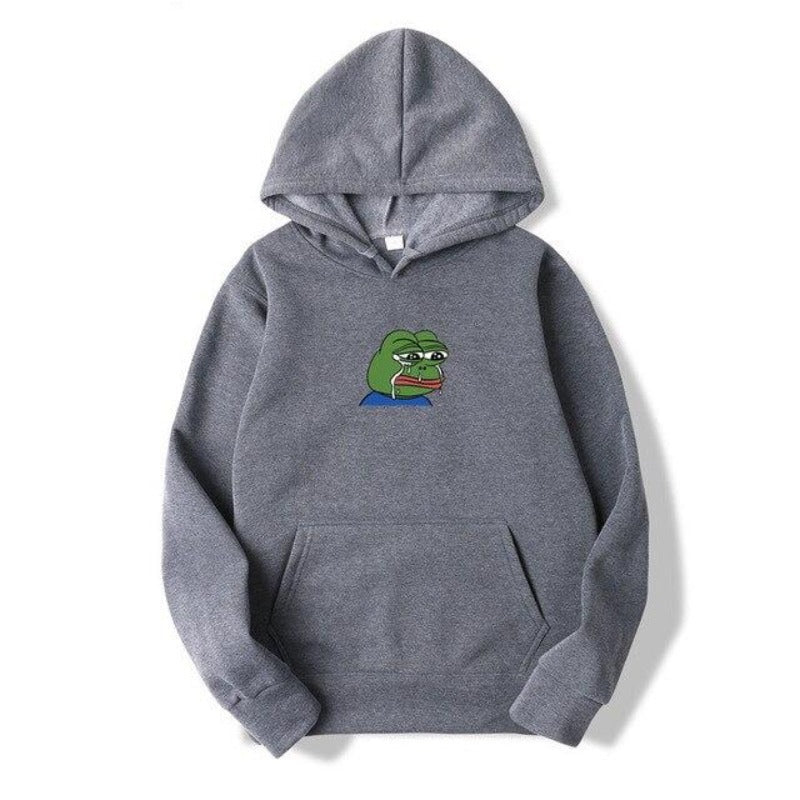 Męska bluza z kapturem z modnym nadrukiem żaby. Komfortowa odzież streetwear, luźny fason.
