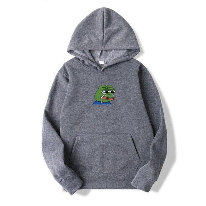 Męska bluza z kapturem z modnym nadrukiem żaby. Komfortowa odzież streetwear, luźny fason.