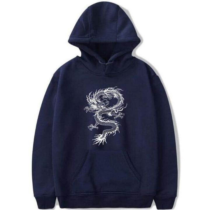 Męska bluza z kapturem z detalem nadruku smoka. Casualowa odzież męska dla fanów fantasy.