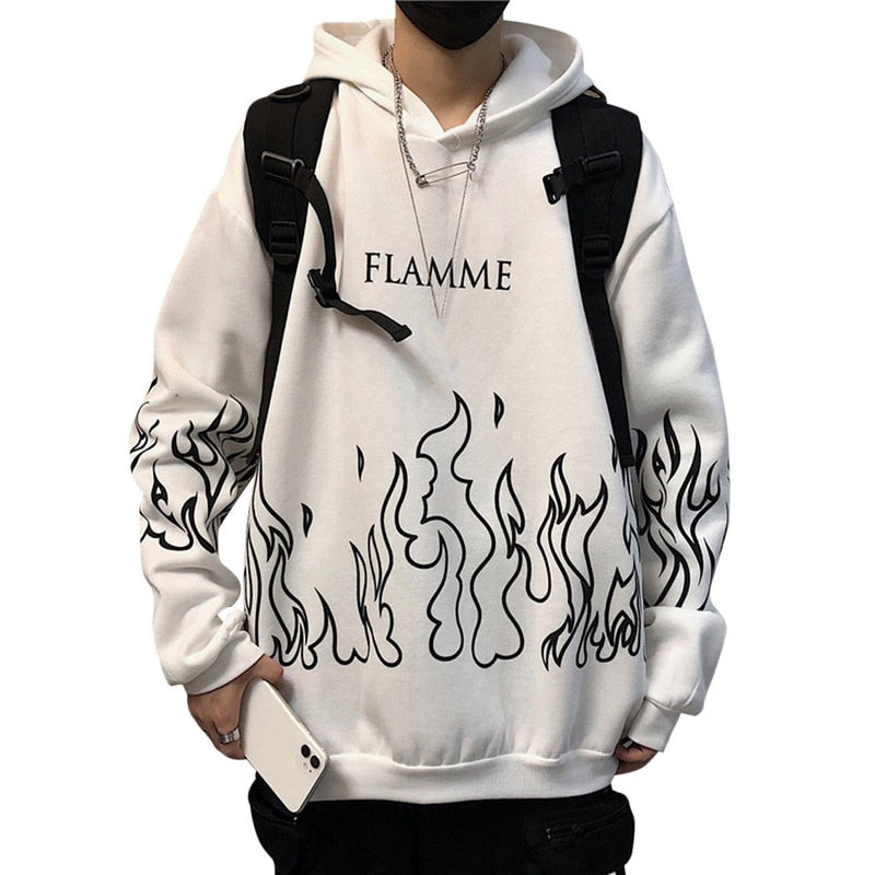 Męska bluza z kapturem streetwear z motywem ognia i płomieni. Modna, wygodna dzianina, idealna na co dzień.