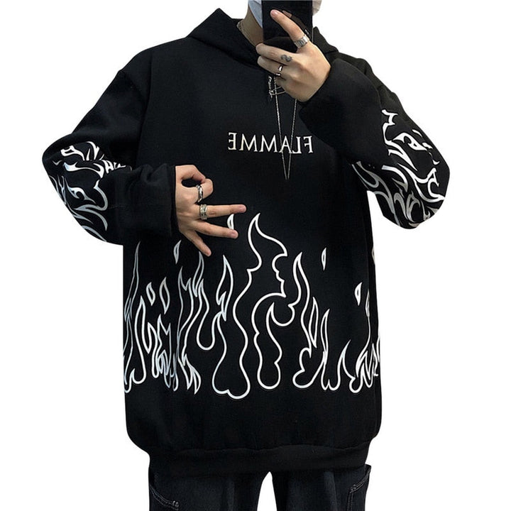 Stylowa męska bluza z kapturem i wyrazistym nadrukiem płomieni. Wygodna, dzianinowa, do streetwearu.