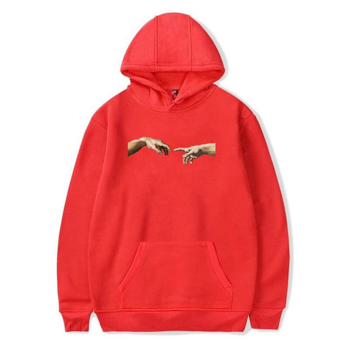 Modna męska bluza streetwear z kapturem. Artystyczny wzór dłoni na wygodnej tkaninie.