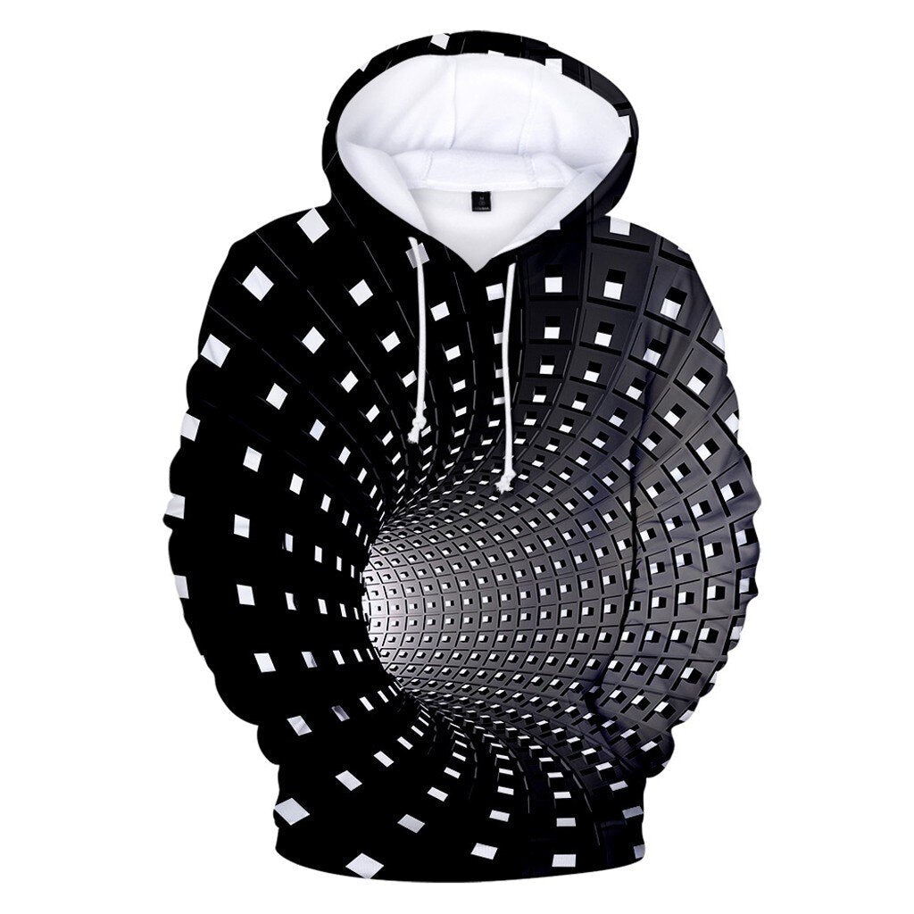 Stylowa bluza męska z kapturem i futurystycznym nadrukiem 3D, idealna do miejskich stylizacji streetwear.