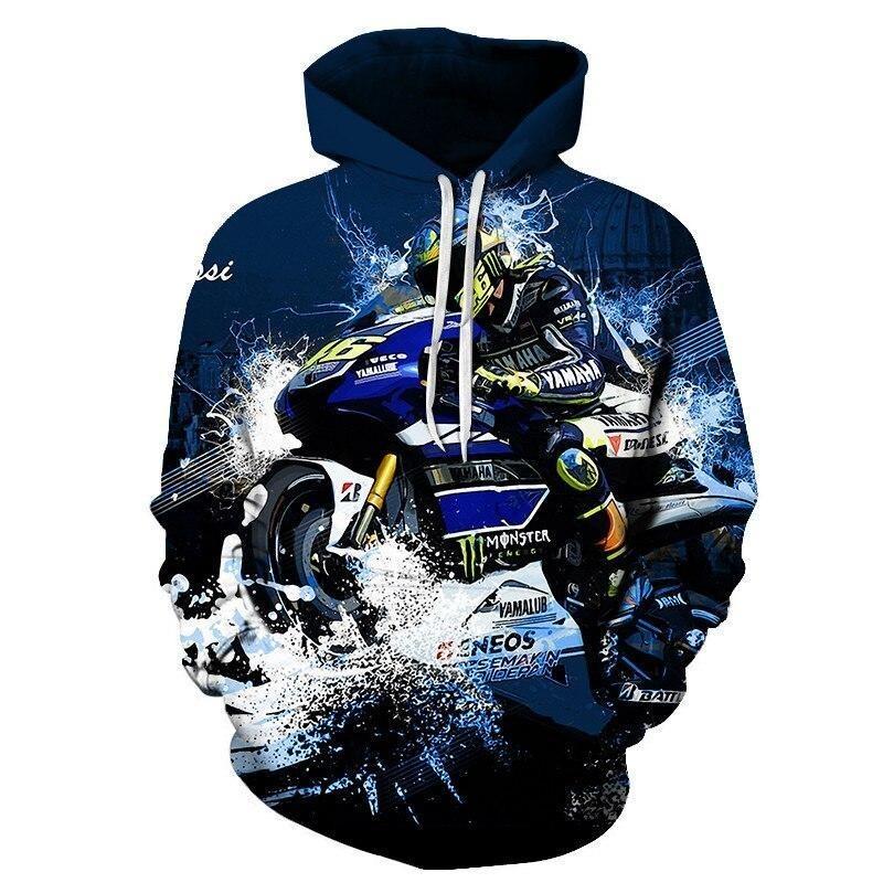 Bluza męska z kapturem i dużym nadrukiem motocyklowym. Komfortowy, casualowy styl dla entuzjastów motocykli.