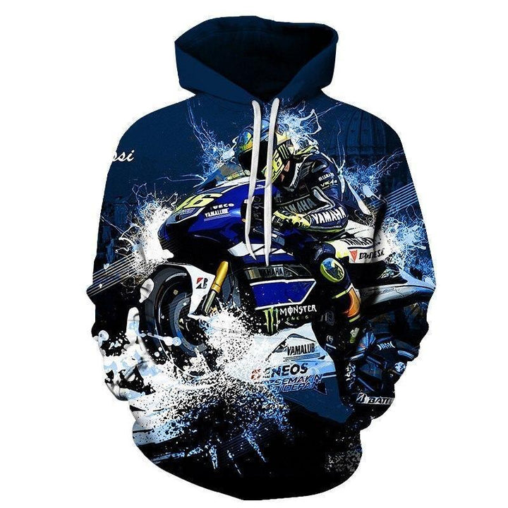 Bluza męska z kapturem i dużym nadrukiem motocyklowym. Komfortowy, casualowy styl dla entuzjastów motocykli.