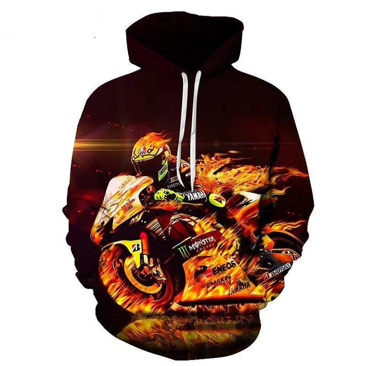 Modna męska bluza z kapturem, z dynamicznym nadrukiem motocykla. Casualowa odzież męska, idealna dla miłośnika dwóch kółek.