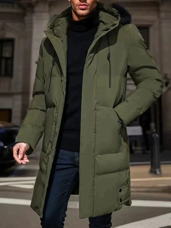Elegancka casualowa męska parka zimowa. Długa pikowana kurtka z kapturem.
