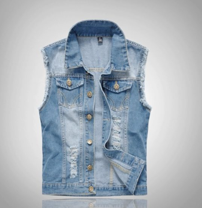 Jeansowa kamizelka męska, klasyczny bezrękawnik dla mężczyzn. Modny element garderoby w stylu streetwear.