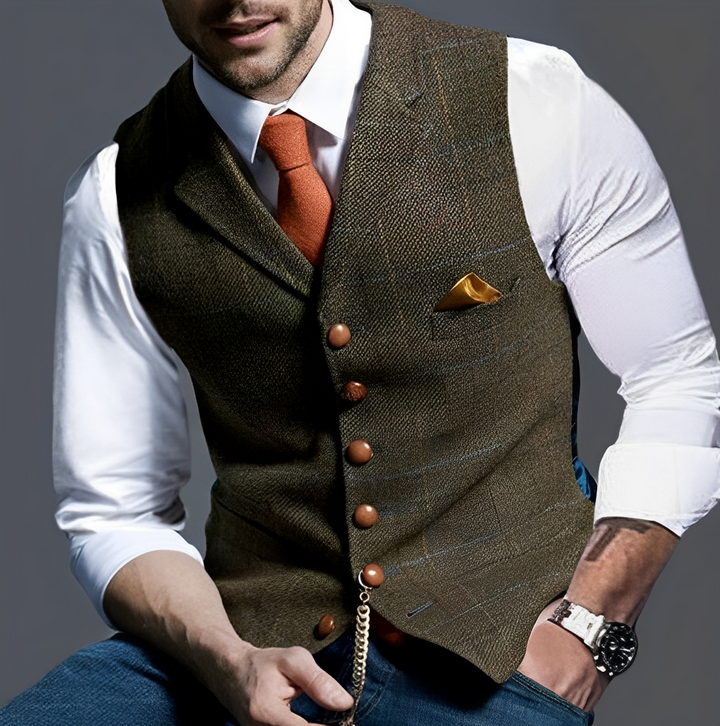 Stylowa męska kamizelka vintage na co dzień. Ubranie casual i eleganckie, podkreśla klasyczny styl.