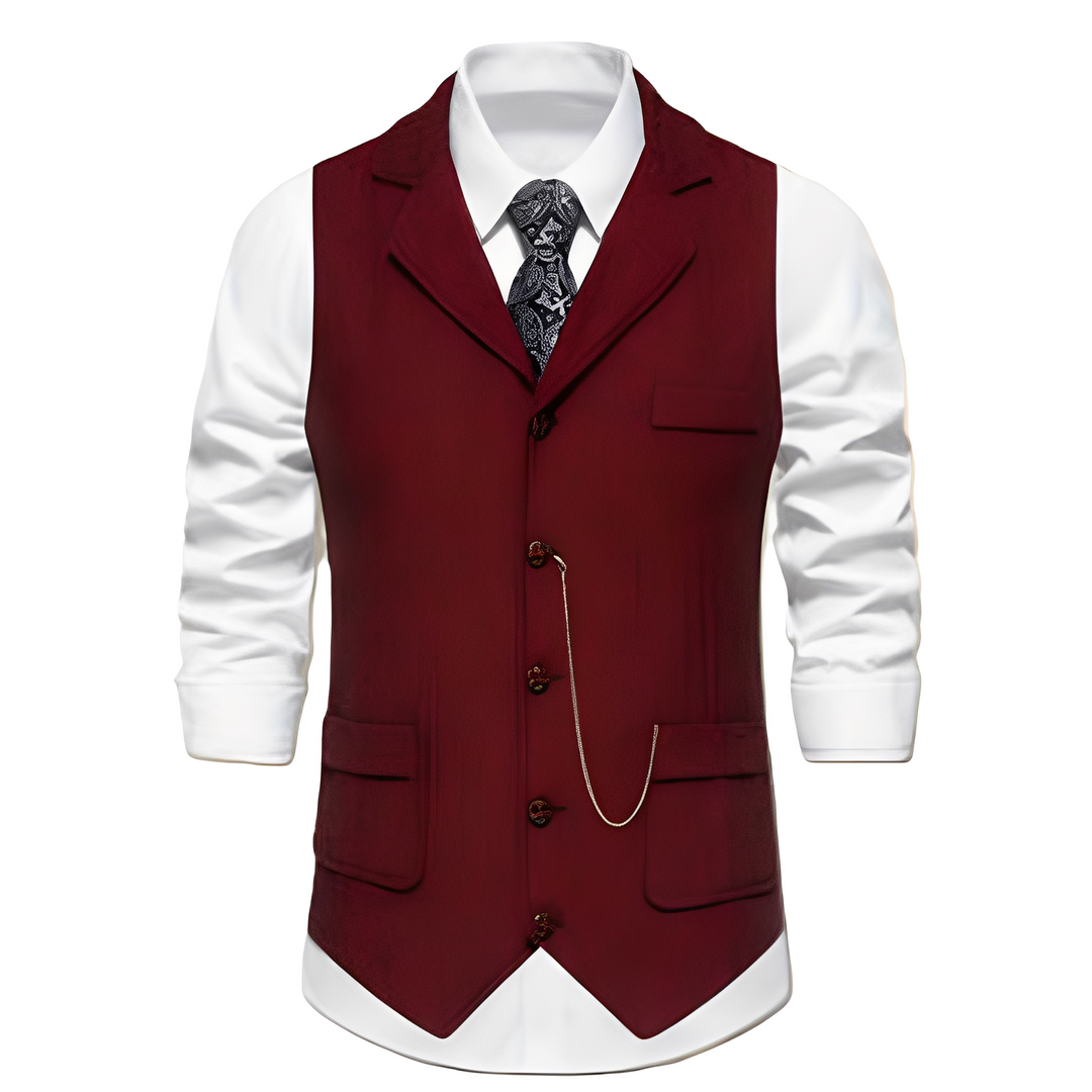 Klasyczna męska kamizelka z tkaniny w jodełkę, podkreślająca męski styl i elegancję, uniwersalna.