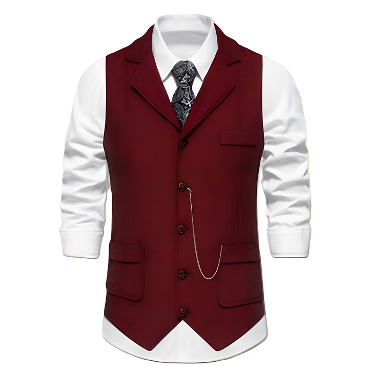 Klasyczna męska kamizelka z tkaniny w jodełkę, podkreślająca męski styl i elegancję, uniwersalna.