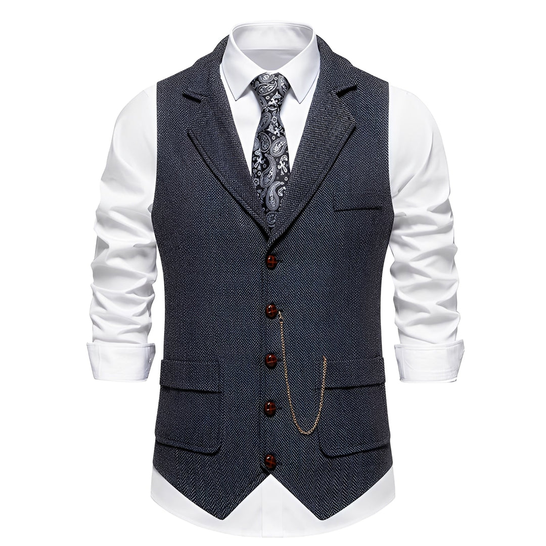 Elegancka męska kamizelka wizytowa w jodełkę, dopełnienie formalnej i smart casual stylizacji.