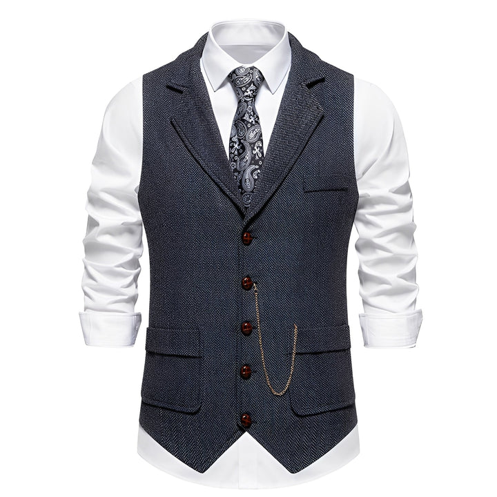 Elegancka męska kamizelka wizytowa w jodełkę, dopełnienie formalnej i smart casual stylizacji.