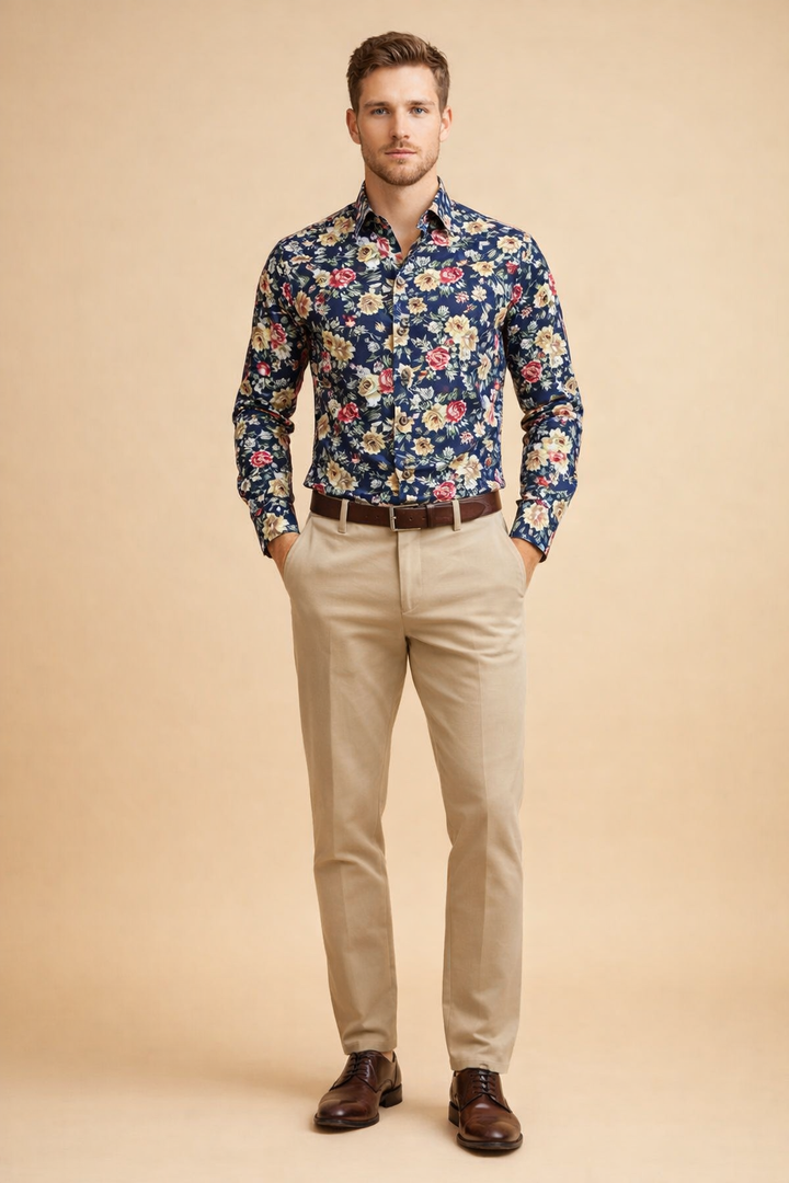 Koszula męska Adam, biała z kolorowym wzorem kwiatowym, długi rękaw, krój slim fit.