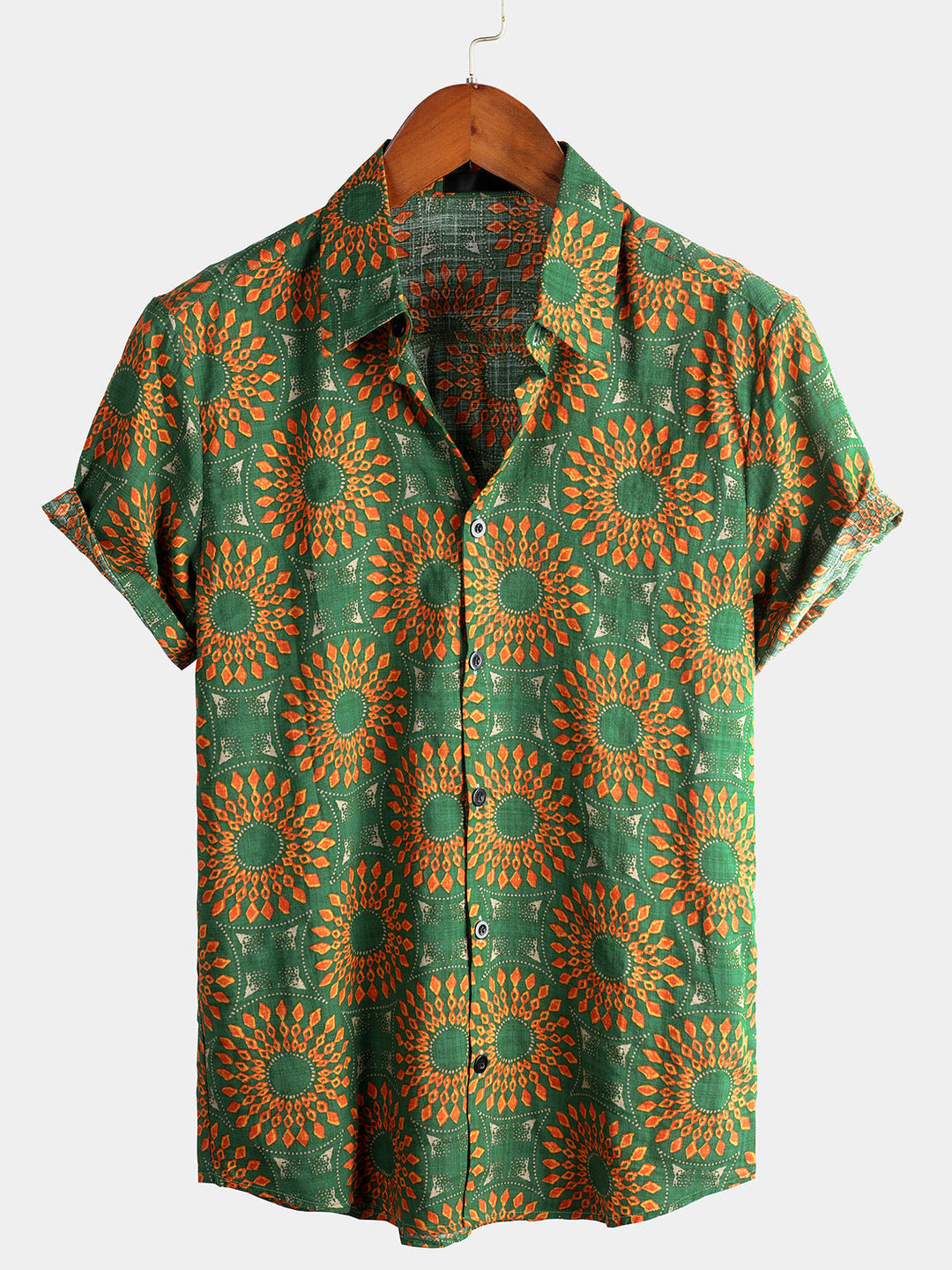 Męska koszula boho w kwiaty z krótkim rękawem, idealna na lato. Modna, casualowa i wygodna.