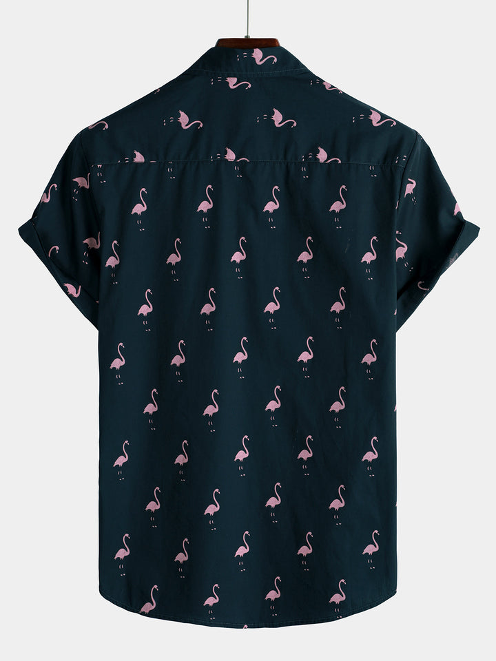 Koszula męska hawaii z nadrukiem w flamingi, krótki rękaw. Letni styl plażowy, casualowa.