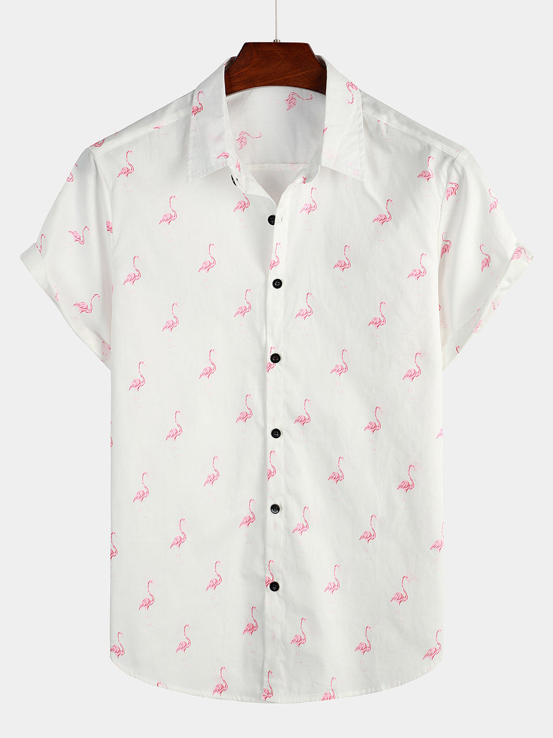 Męska koszula hawaii z nadrukiem w flamingi, krótki rękaw. Idealna na letnie dni i plażę.