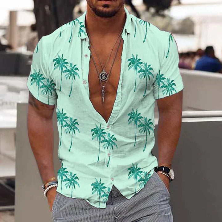 Przewiewna zielona koszula męska Palm Breeze z krótkim rękawem. Komfortowy styl casual na lato.