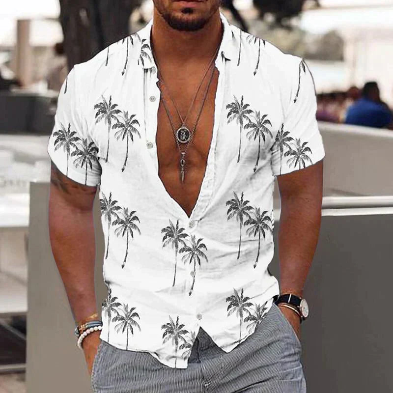 Stylowa męska koszula letnia Palm Breeze z niebieskim wzorem palm, idealna na wakacje i plażę.