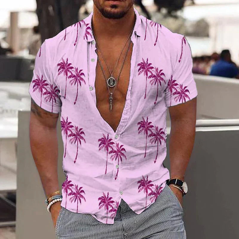 Koszula męska letnia Palm Breeze w różowym kolorze z wzorem palm. Moda plażowa i casual.