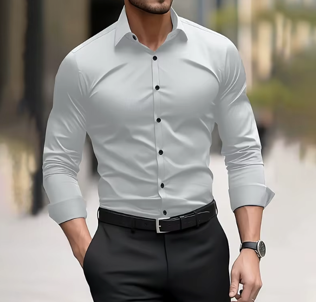 Elegancka męska koszula slim fit z długim rękawem, doskonała na wesele i formalne uroczystości.