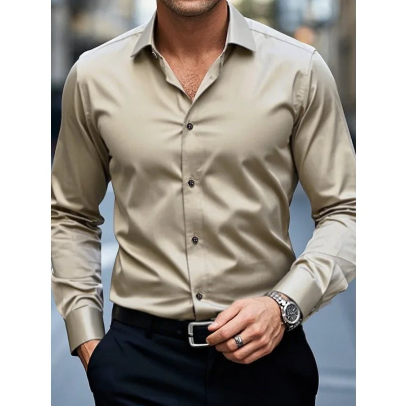 Klasyczna męska koszula slim fit z długim rękawem. Na guziki, elegancka, do biura i casual.