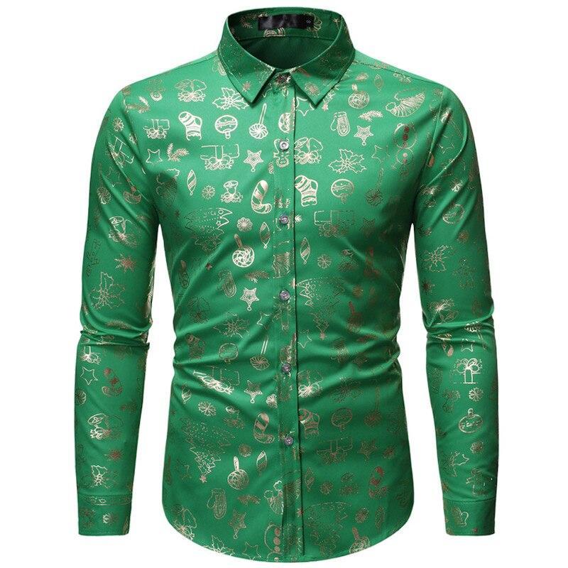Modna męska koszula świąteczna z unikatowym nadrukiem, długim rękawem i guzikami. Elegancja na zimowe dni.