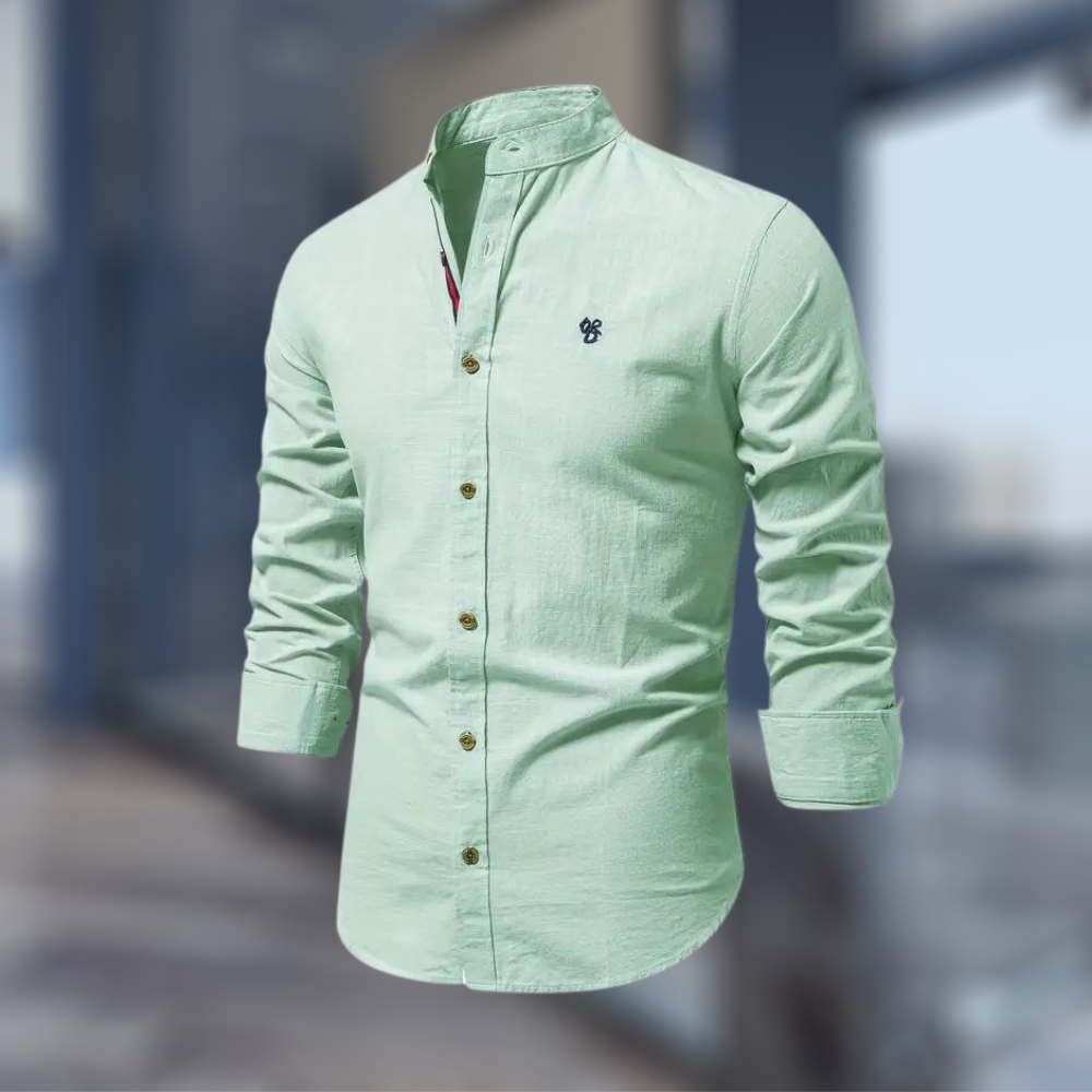 Modna koszula męska slim fit z długim rękawem i kołnierzem stójkowym. Idealna do eleganckich stylizacji.