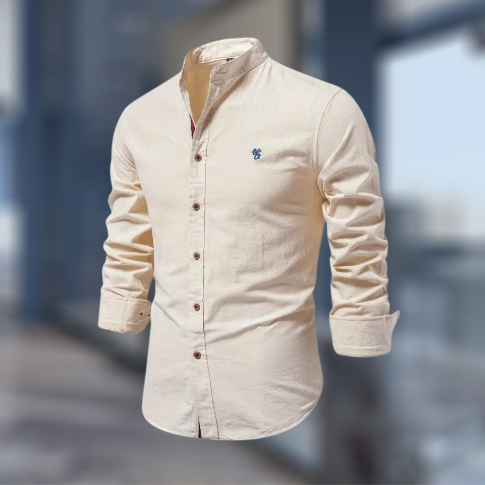 Elegancka koszula męska ze stójką. Wygodna, casualowa, slim fit. Doskonała do biura i na wyjścia.