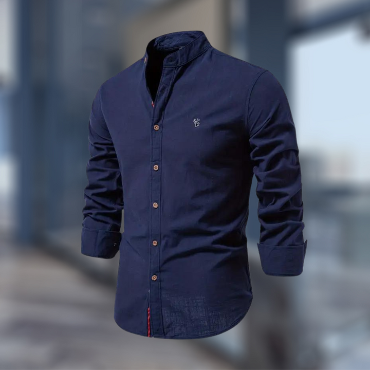 Koszula męska ze stójką. Długi rękaw, fason slim fit. Uniwersalna, modna i komfortowa w noszeniu.