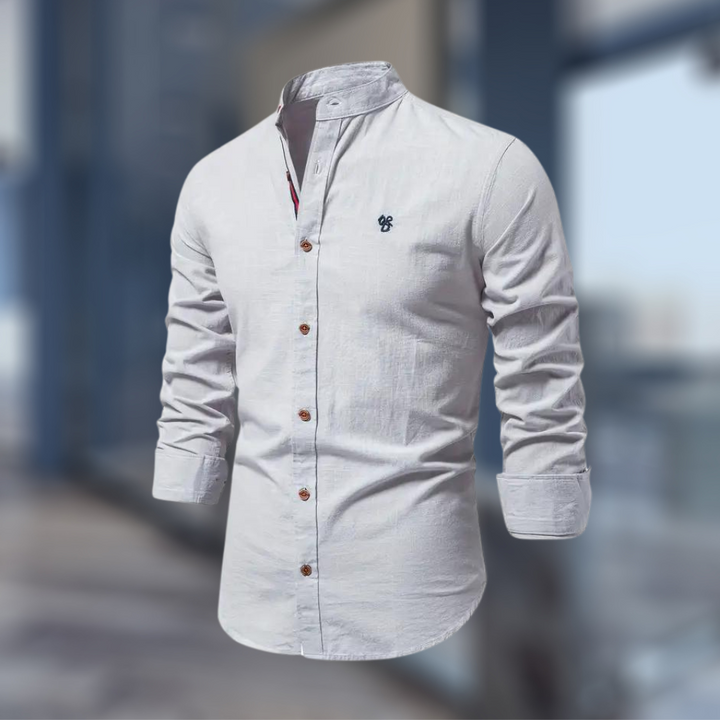 Stylowa koszula męska z kołnierzem stójkowym. Slim fit, długi rękaw. Moda męska casual i elegancka.