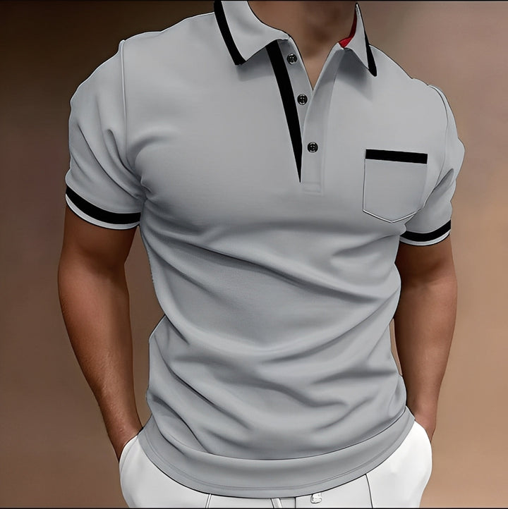 Casualowa męska koszulka polo slim fit, wygodna, szara, doskonała na wiosenne i letnie dni.