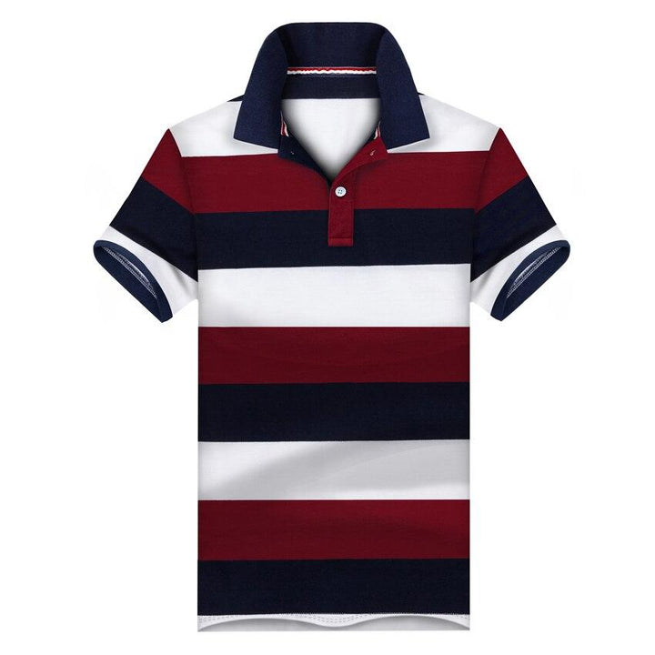 Elegancka męska koszulka polo z dzianiny, w paski, z kołnierzykiem i guzikami, styl casual.