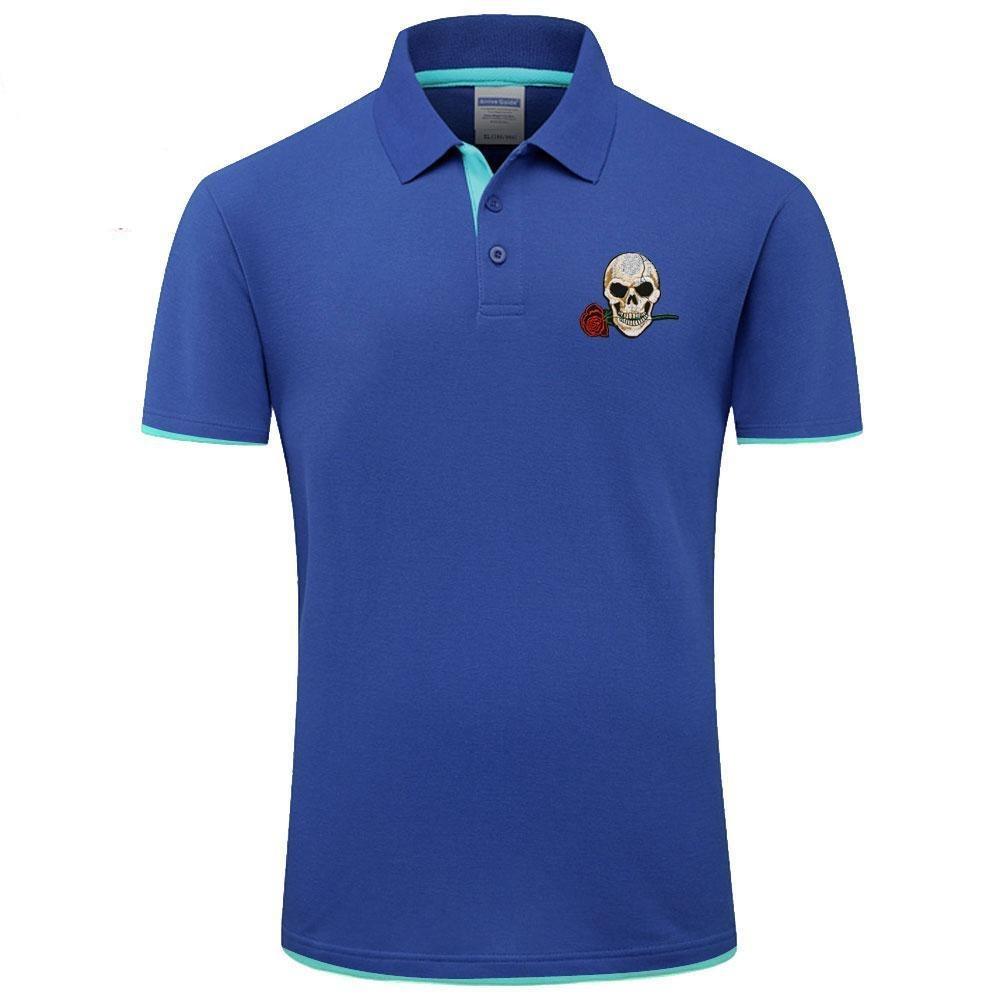 Stylowa męska koszulka polo casual. Nadruk czaszki z różą, krótki rękaw, wysokiej jakości dzianina.