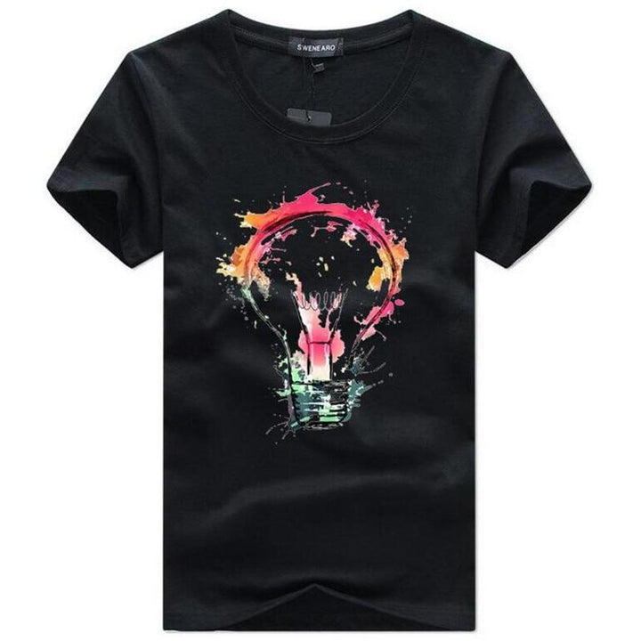T-shirt męski z barwnym nadrukiem żarówki. Modny casualowy styl na co dzień. Luźny krój, wygoda.