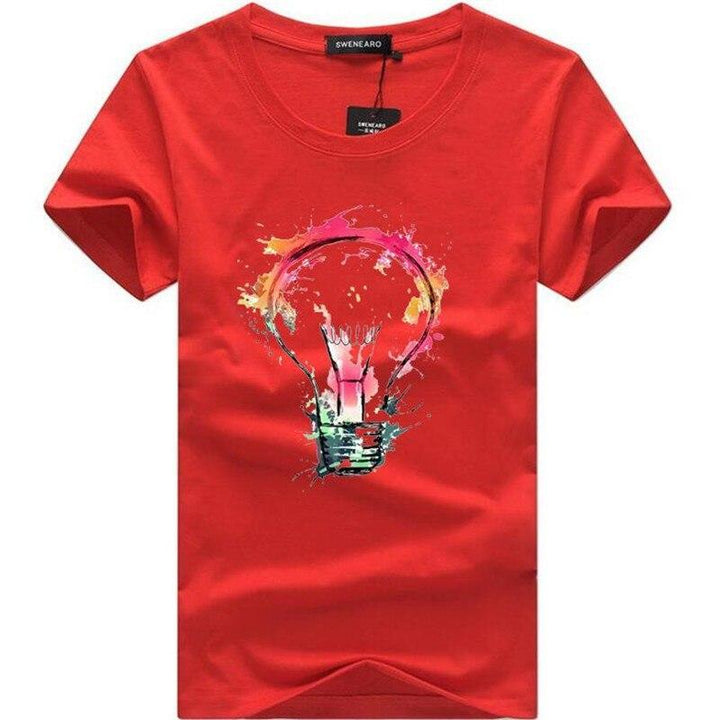 Unikalna męska koszulka t-shirt z artystycznym, kolorowym nadrukiem żarówki. Moda i wygoda na lato.